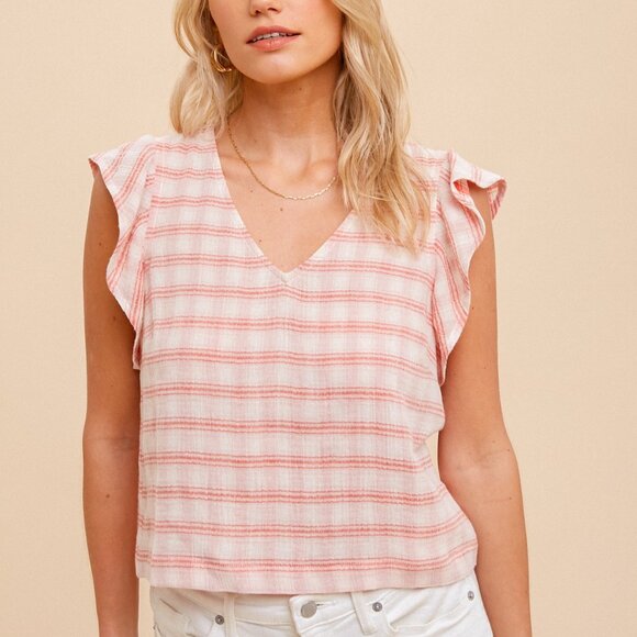 HEM & THREAD Red Plaid Flutter Sleeve Blouse, Lightweight Woven Top - Picture 5 of 6